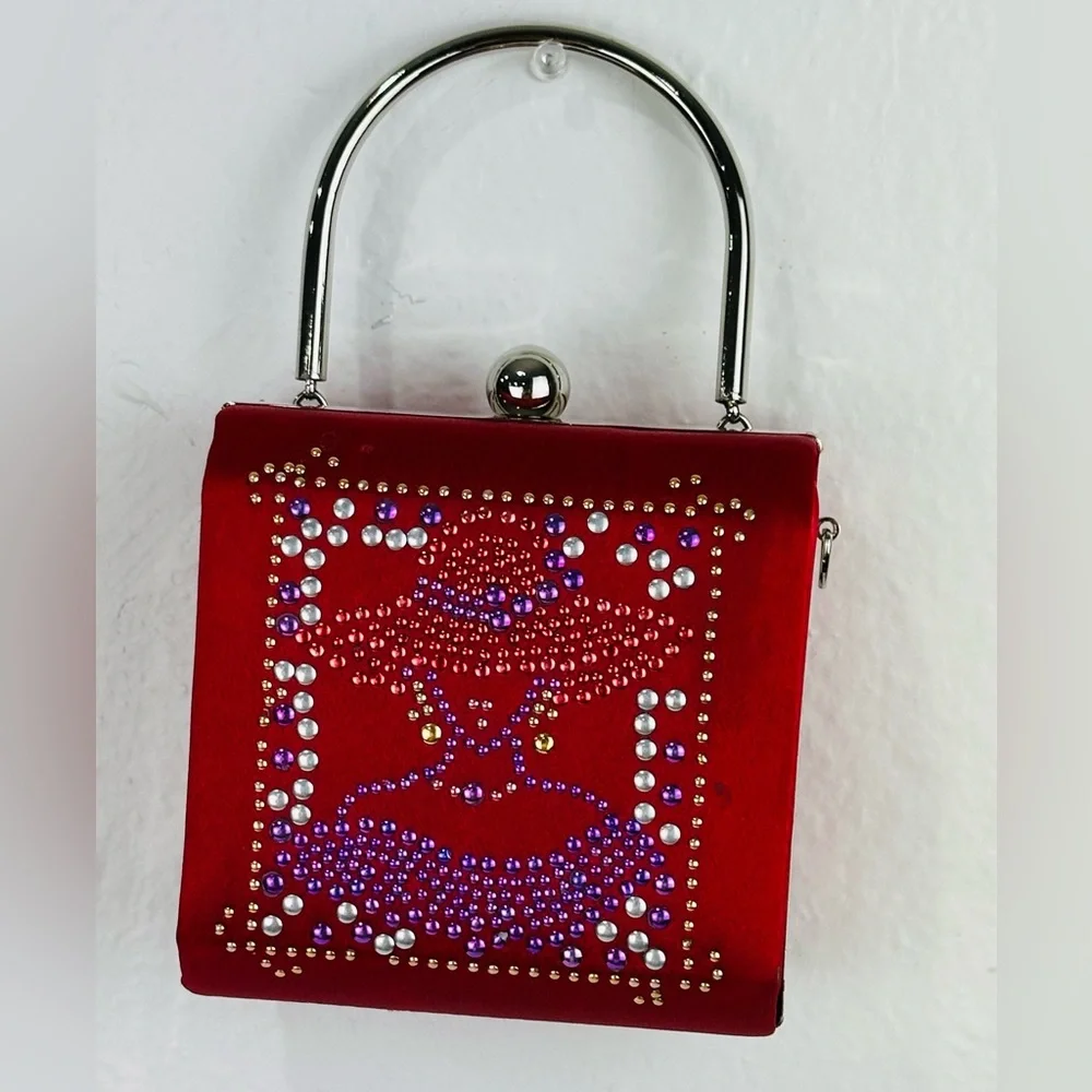 Source Unknown Red Rhinestone Embellished Evening Clutch with Silver Handle - Picture 2 of 8